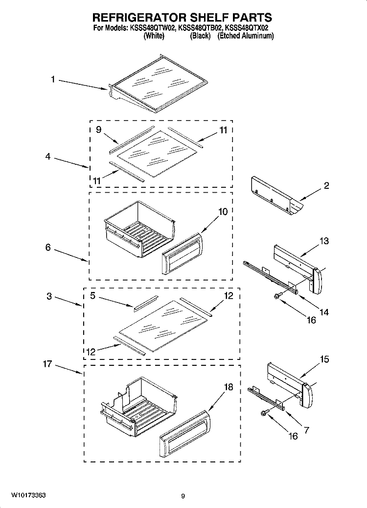 REFRIGERATOR SHELF PARTS Diagram and Parts List for KSSS48QTB02  KitchenAid Refrigerator