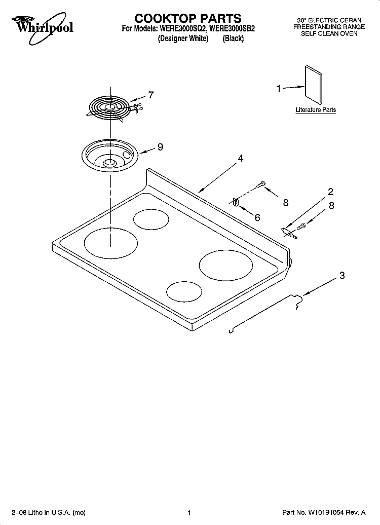 COOKTOP PARTS Diagram and Parts List for WERE3000SB2  Whirlpool Range