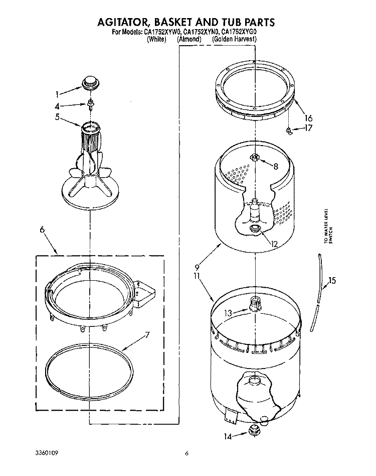 AGITATOR, BASKET AND TUB Diagram and Parts List for CA1752XYN0  Whirlpool Washer