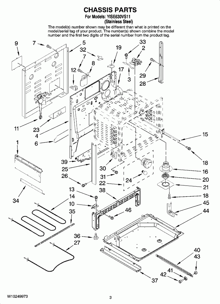 CHASSIS PARTS Diagram and Parts List for YISE630VS11  Whirlpool Range