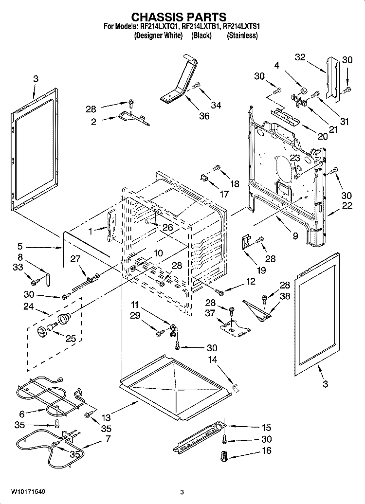 CHASSIS PARTS Diagram and Parts List for RF214LXTS1  Whirlpool Range