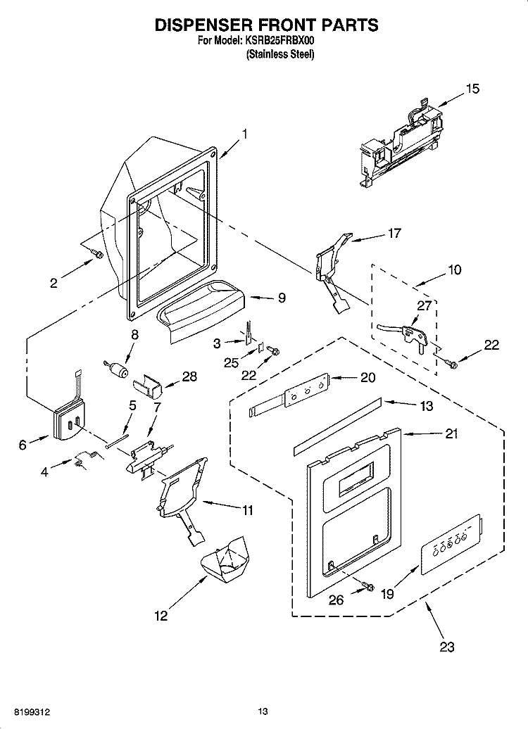 DISPENSER FRONT PARTS Diagram and Parts List for KSRB25FRBX00  KitchenAid Refrigerator