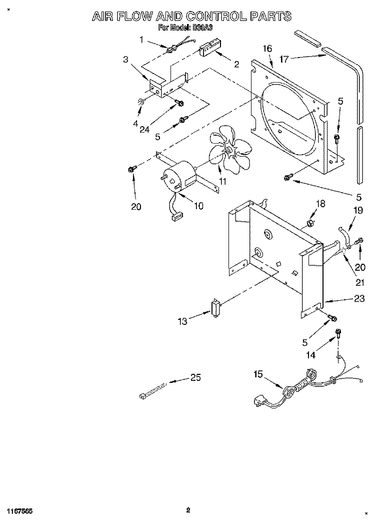 AIR FLOW AND CONTROL Diagram and Parts List for D30A3  Whirlpool Dehumidifier