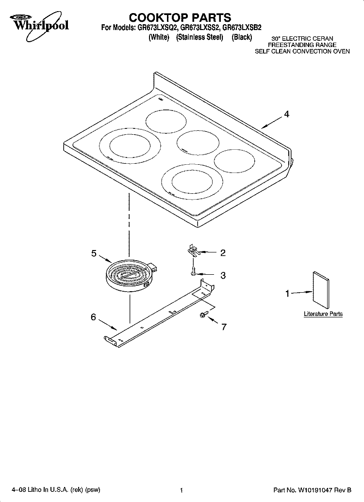 COOKTOP PARTS Diagram and Parts List for GR673LXSB2  Whirlpool Range