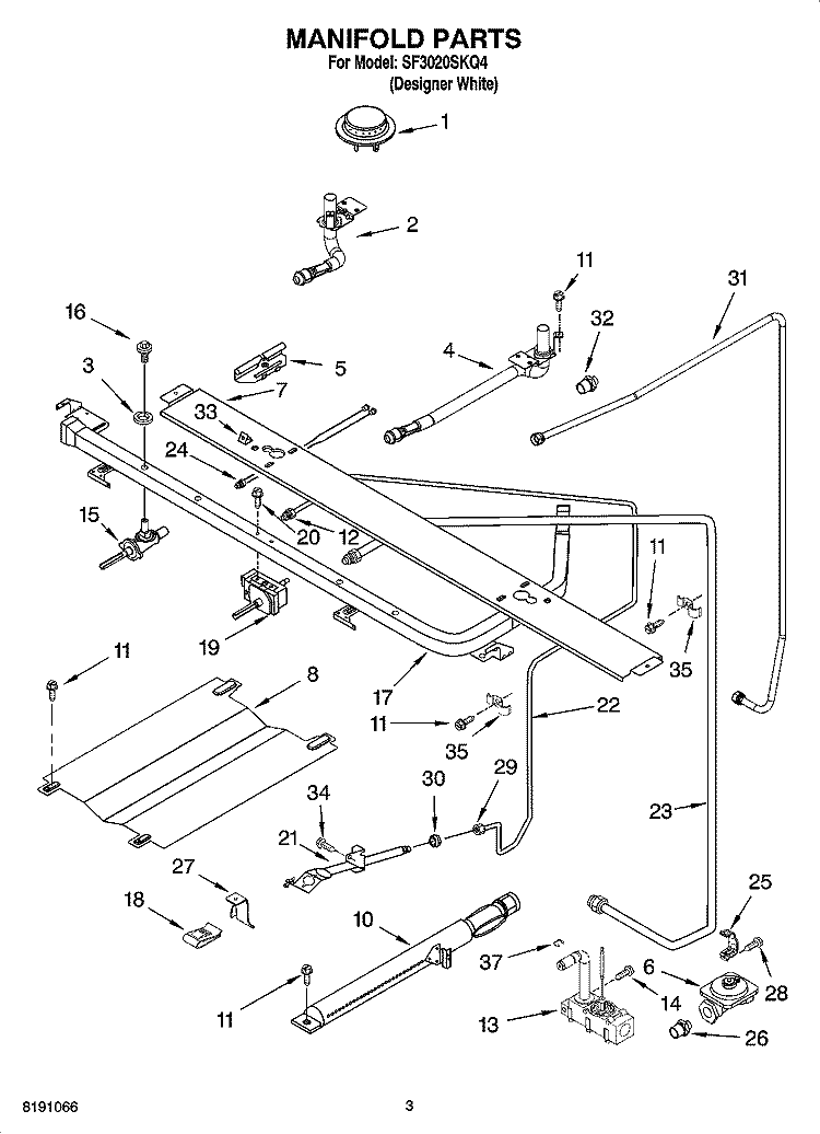 MANIFOLD PARTS Diagram and Parts List for SF3020SKQ4  Whirlpool Range