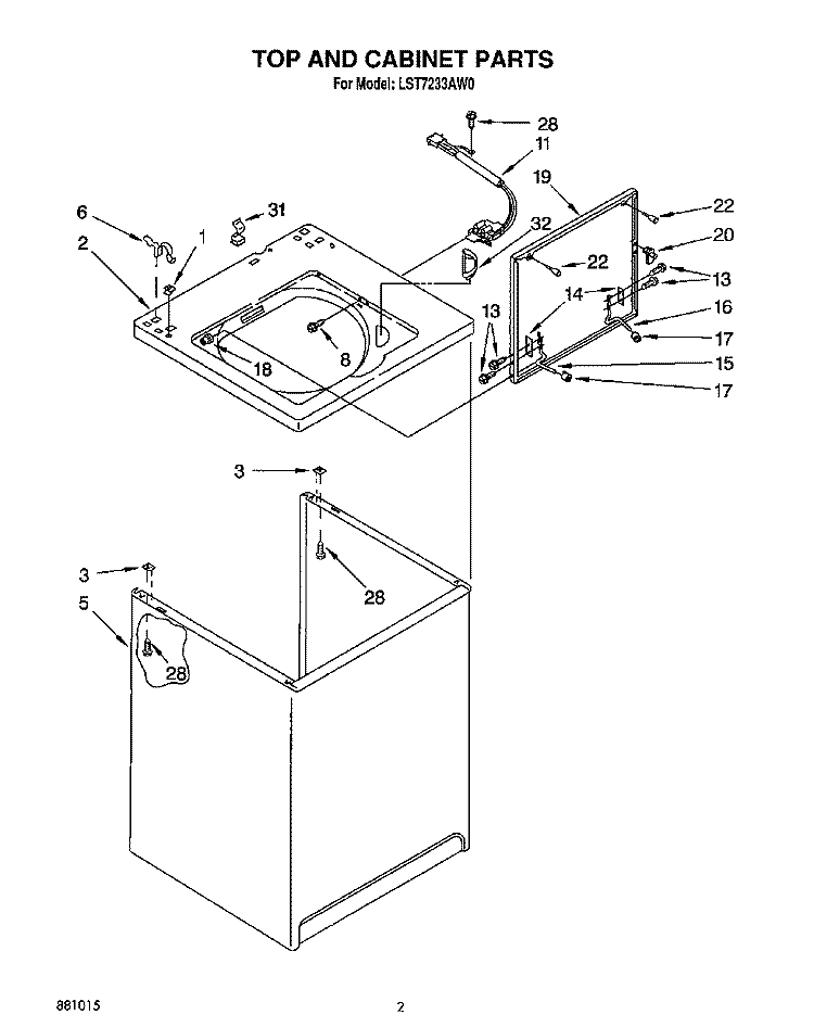 TOP AND CABINET, LIT/OPTIONAL Diagram and Parts List for LST7233AG0  Whirlpool Washer