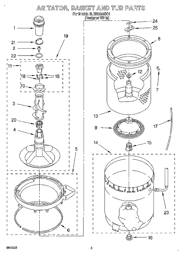 AGITATOR, BASKET AND TUB Diagram and Parts List for 3LBR8255EQ1  Whirlpool Washer