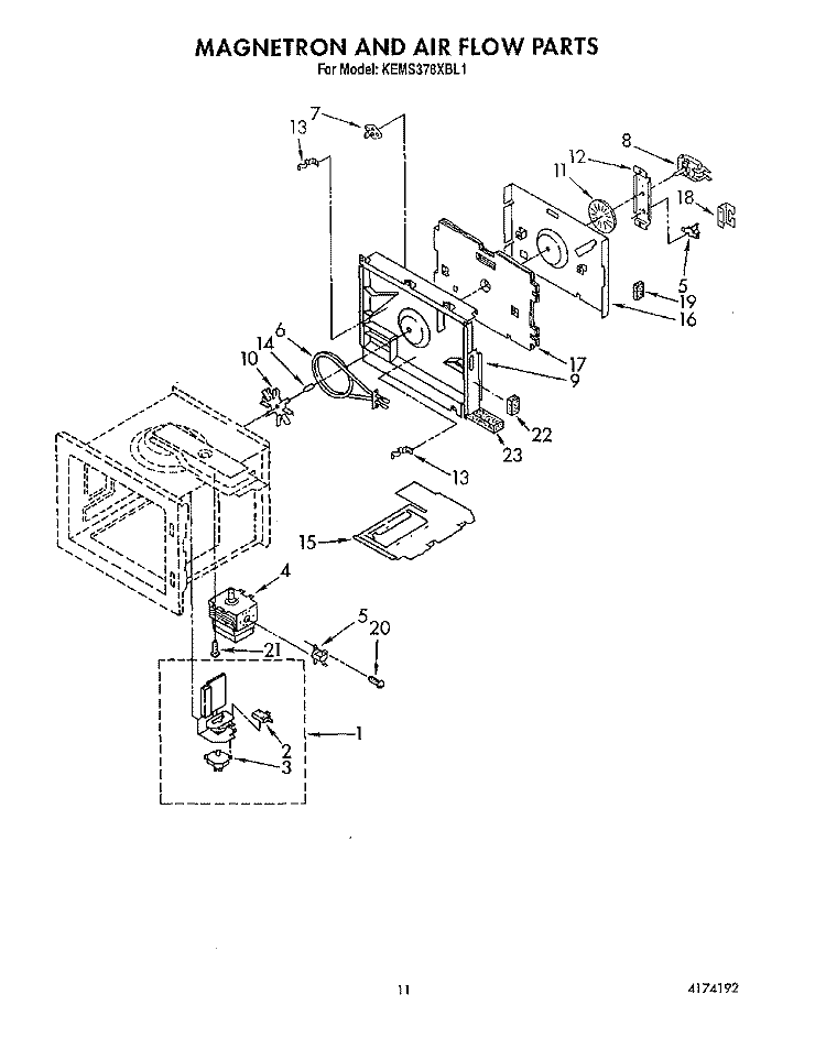 MAGNETRON AND AIR FLOW Diagram and Parts List for KEMS378XWH1  KitchenAid Wall Oven
