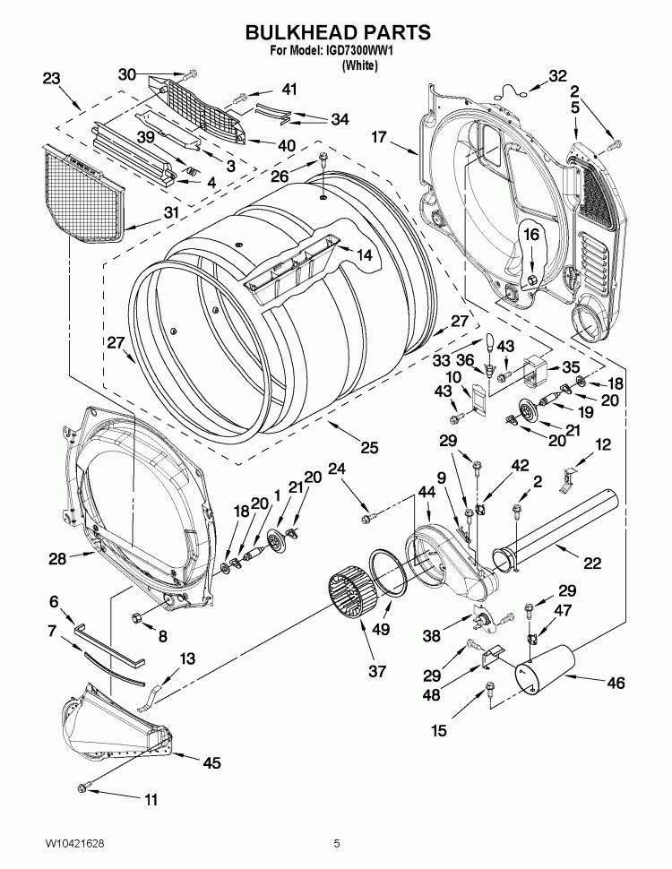 BULKHEAD PARTS Diagram and Parts List for IGD7300WW1  Inglis Dryer