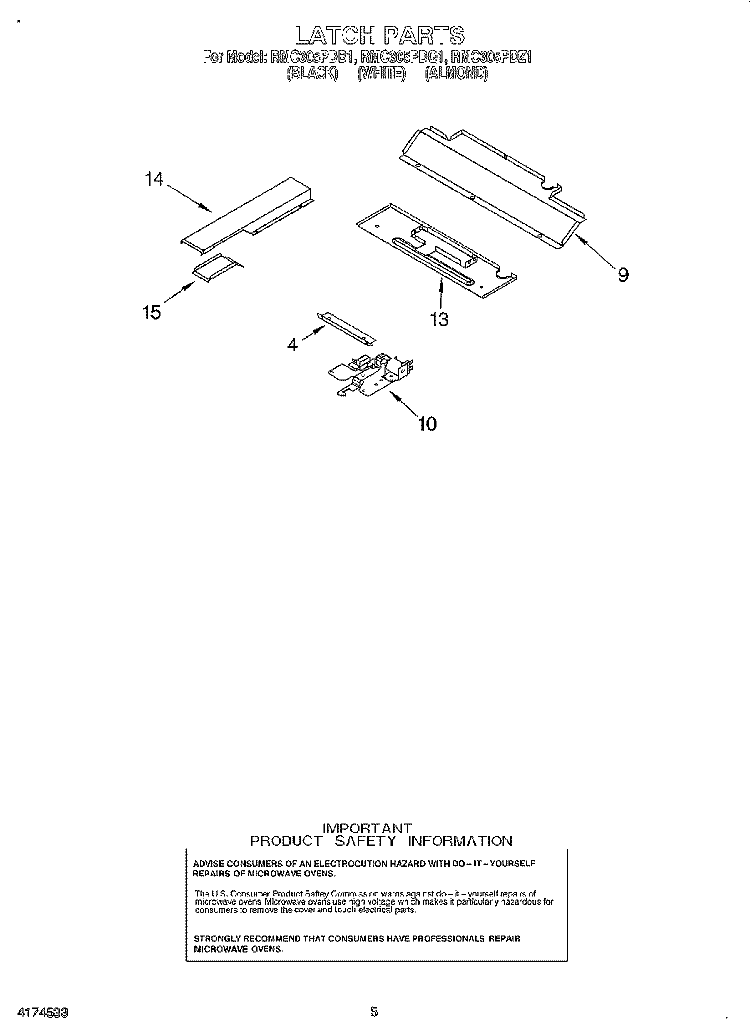 LATCH Diagram and Parts List for RMC305PDB1  Whirlpool Microwave Oven Combo