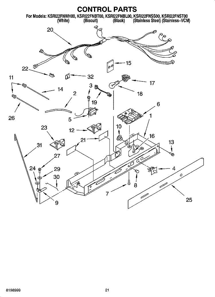 CONTROL PARTS, OPTIONAL PARTS Diagram and Parts List for KSRI22FNSS00  KitchenAid Refrigerator