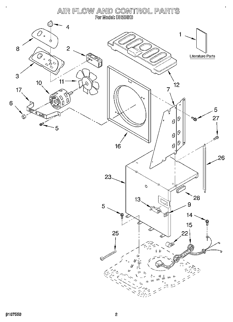 AIR FLOW AND CONTROL, LITERATURE Diagram and Parts List for DH500K0  Whirlpool Dehumidifier