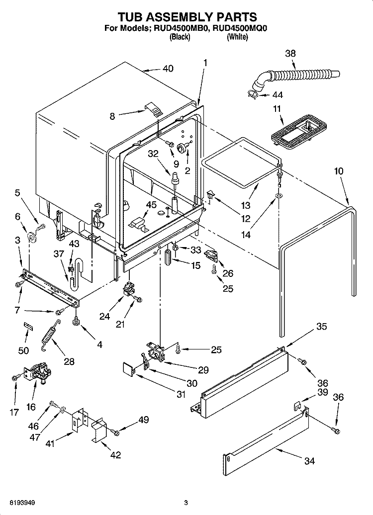 TUB ASSEMBLY PARTS Diagram and Parts List for RUD4500MB0  Roper Dishwasher