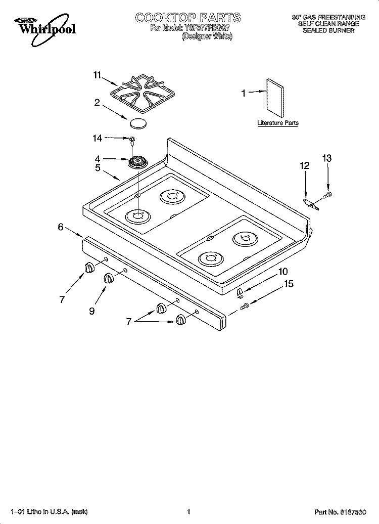 COOKTOP PARTS Diagram and Parts List for YSF377PEGQ7  Whirlpool Range