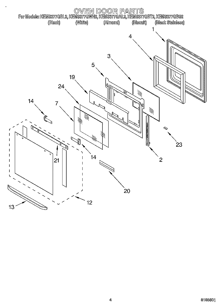 OVEN DOOR Diagram and Parts List for KEMS377GBL2  KitchenAid Microwave Oven Combo