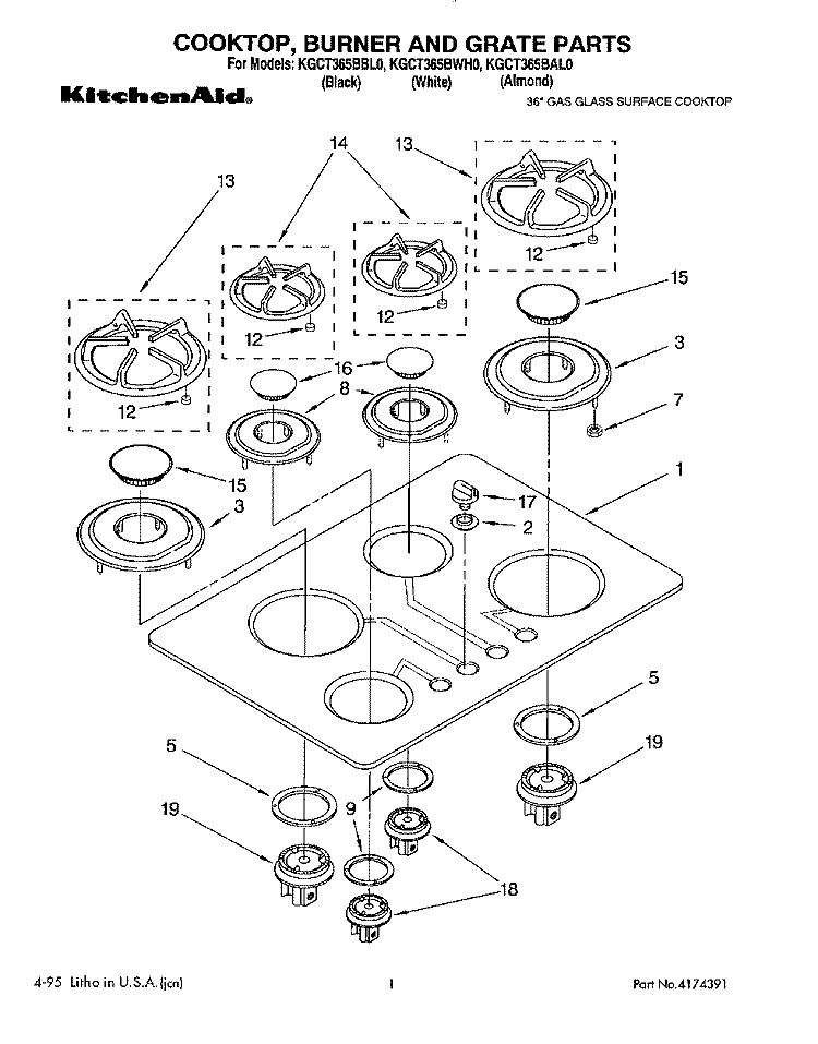 COOKTOP, BURNER AND GRATE Diagram and Parts List for KGCT365BBL0  KitchenAid Cooktop