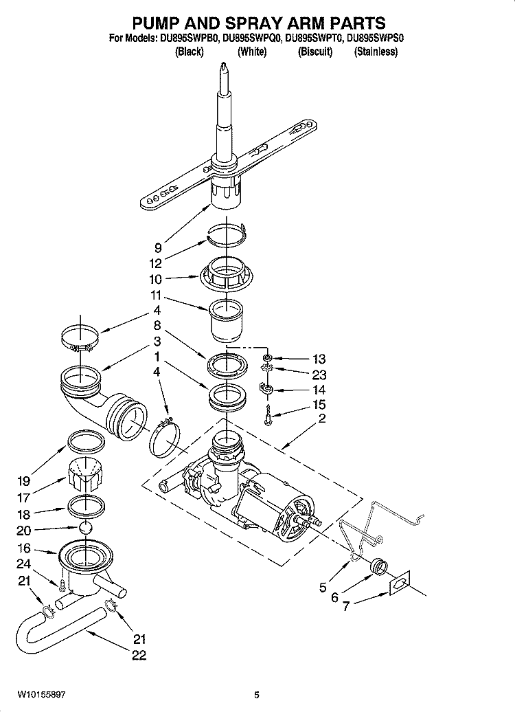 PUMP AND SPRAY ARM PARTS Diagram and Parts List for DU895SWPQ0  Whirlpool Dishwasher