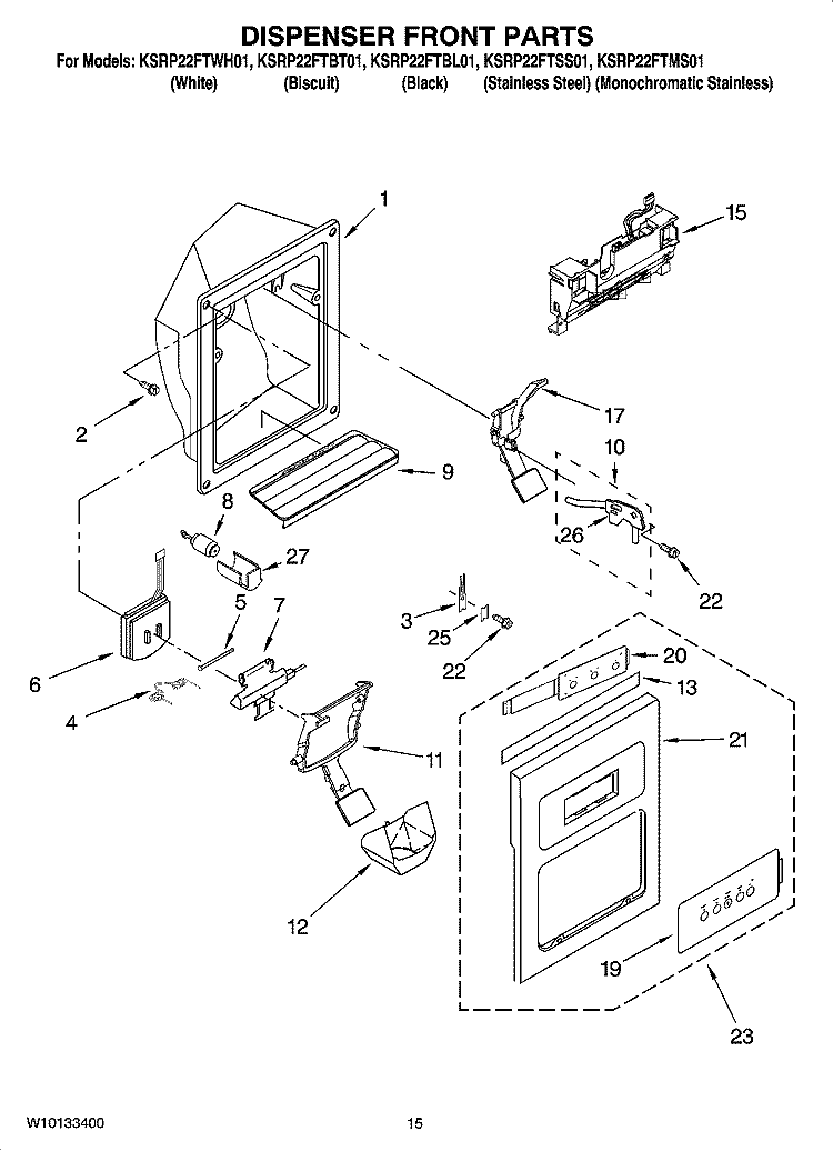 DISPENSER FRONT PARTS Diagram and Parts List for KSRP22FTWH01  KitchenAid Refrigerator