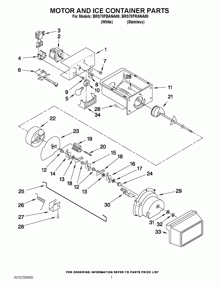 MOTOR AND ICE CONTAINER PARTS Diagram and Parts List for BRS70FRANA00  Whirlpool Refrigerator
