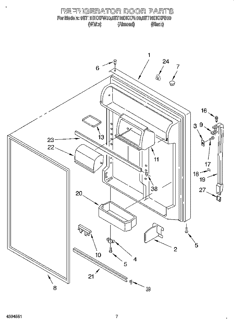 REFRIGERATOR DOOR Diagram and Parts List for 9ET19DKXFB00  Whirlpool Refrigerator