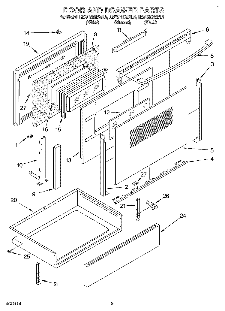 DOOR AND DRAWER Diagram and Parts List for KESC300BBL8  KitchenAid Range