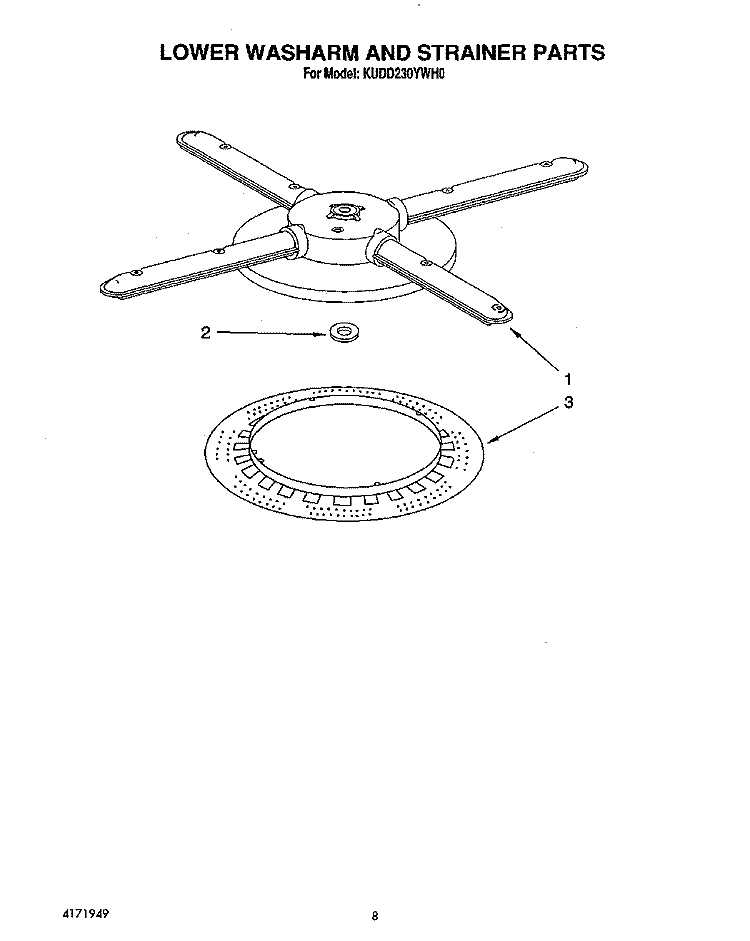 LOWER WASHARM AND STRAINER Diagram and Parts List for KUDD230YWH0  KitchenAid Dishwasher
