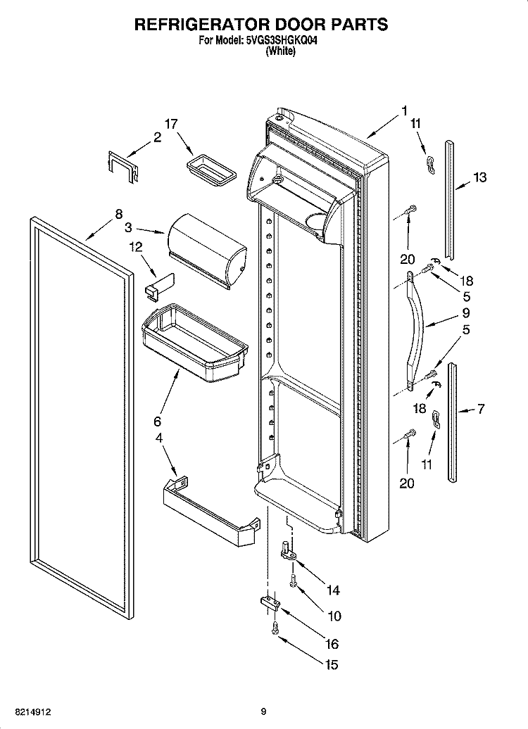 REFRIGERATOR DOOR PARTS Diagram and Parts List for 5VGS3SHGKQ04  Whirlpool Refrigerator