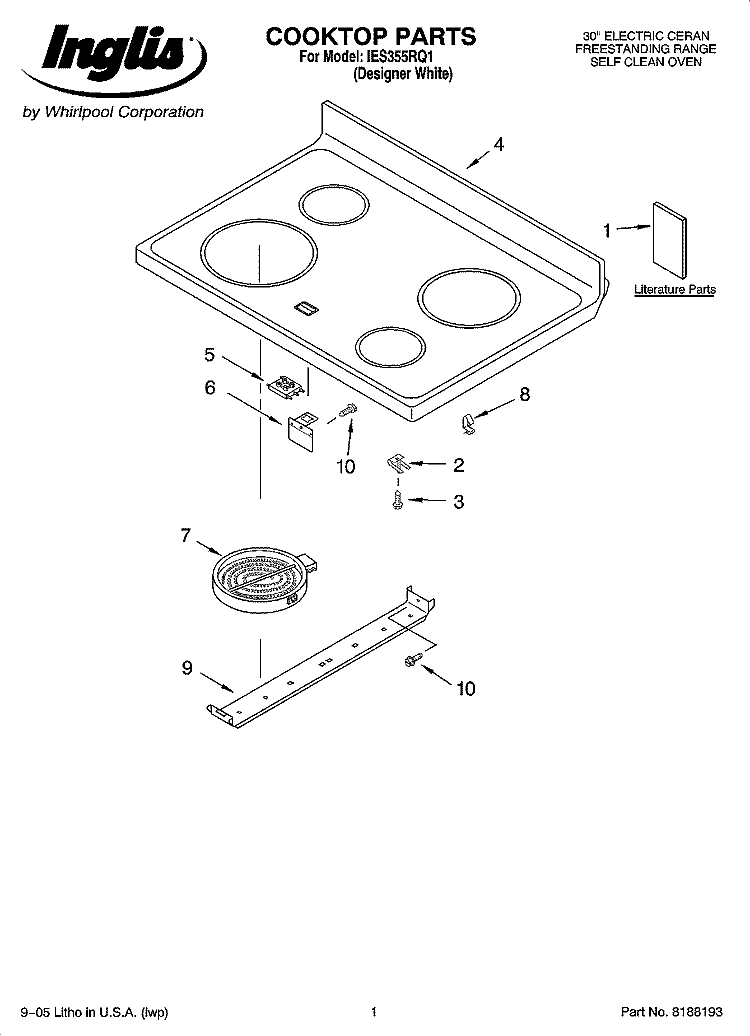 COOKTOP PARTS Diagram and Parts List for IES355RQ1  Inglis Range