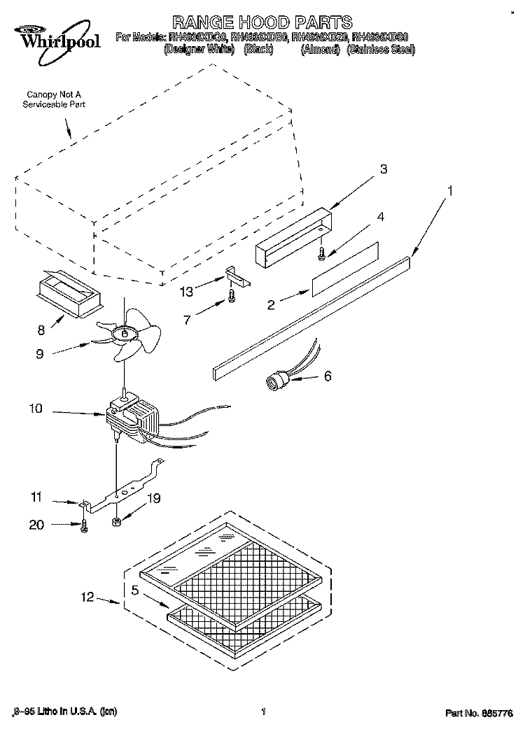 SECTION Diagram and Parts List for RH4936XDS0  Whirlpool Range Hood
