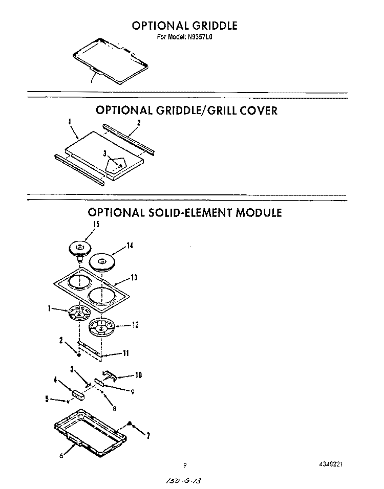 GRIDDLE , GRIDDLE/GRILL COVER Diagram and Parts List for N9357L0  Roper Range