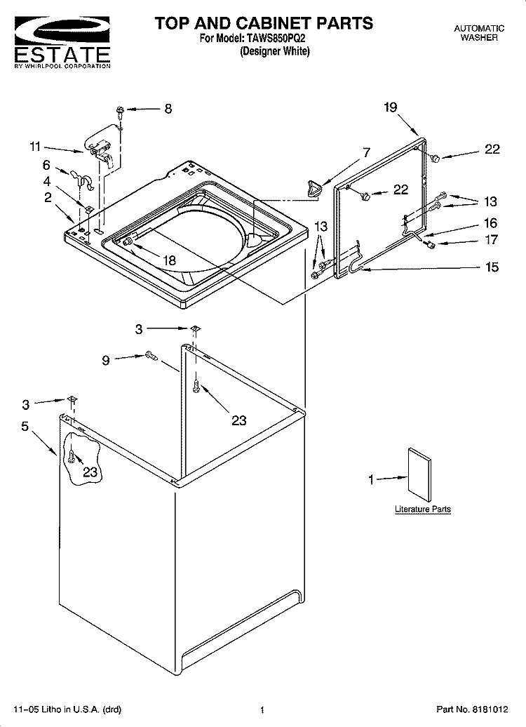 TOP AND CABINET PARTS Diagram and Parts List for TAWS850PQ2  Estate Washer
