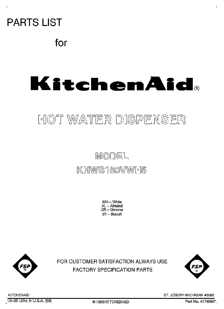 FRONT COVER Diagram and Parts List for KHWS160VAL5  KitchenAid Miscellaneous