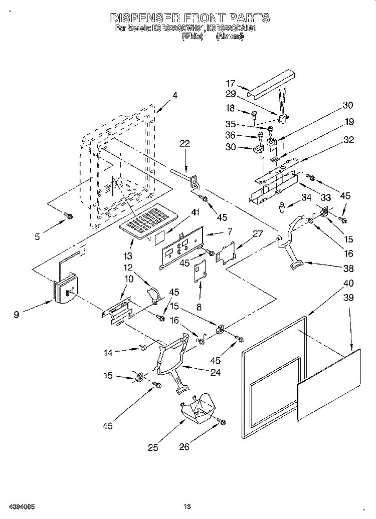 DISPENSER FRONT Diagram and Parts List for KSRS22QDWH01  KitchenAid Refrigerator
