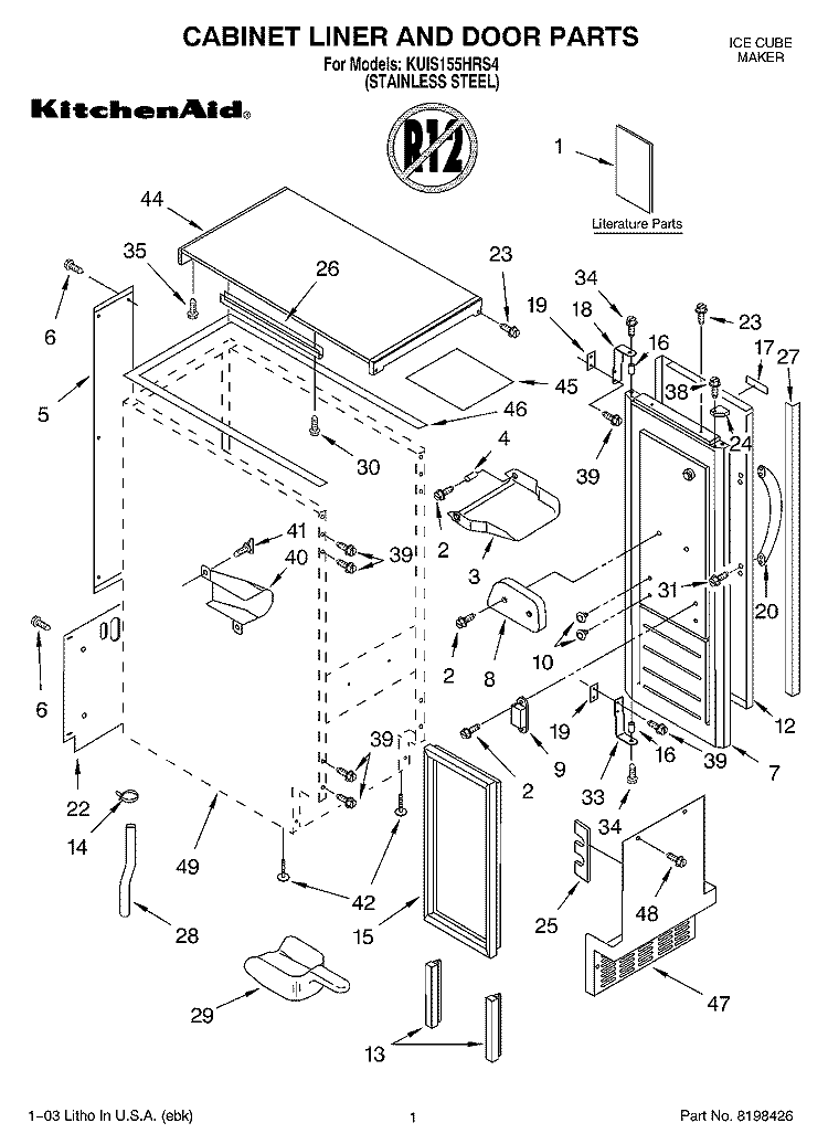 CABINET LINER AND DOOR PARTS Diagram and Parts List for KUIS155HRS4  KitchenAid Ice Maker