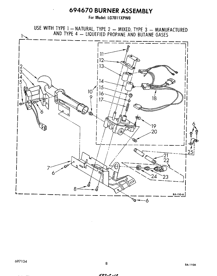 694670 BURNER Diagram and Parts List for LG7811XPW0  Whirlpool Dryer