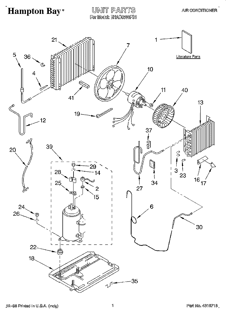 UNIT, LITERATURE Diagram and Parts List for BHAC0500FS1  Whirlpool Air Conditioner