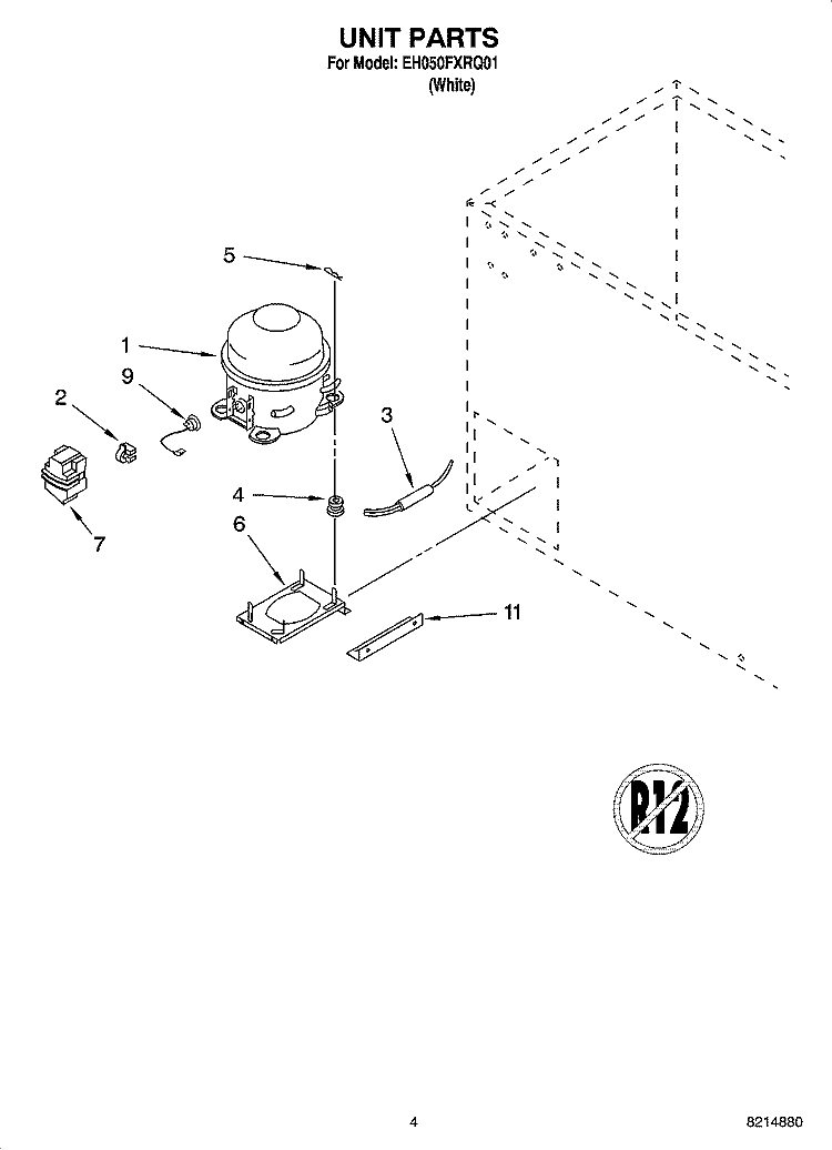 UNIT PARTS, OPTIONAL PARTS (NOT INCLUDED) Diagram and Parts List for EH050FXRQ01  Whirlpool Freezer