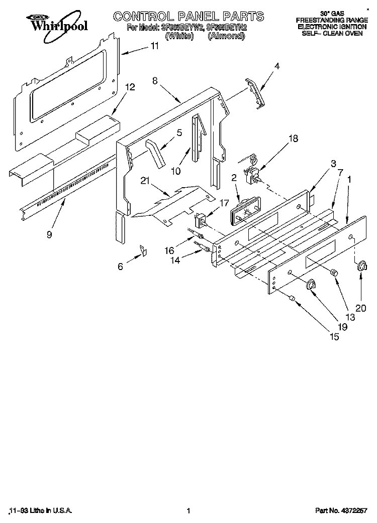 CONTROL PANEL Diagram and Parts List for SF365BEYN2  Whirlpool Range