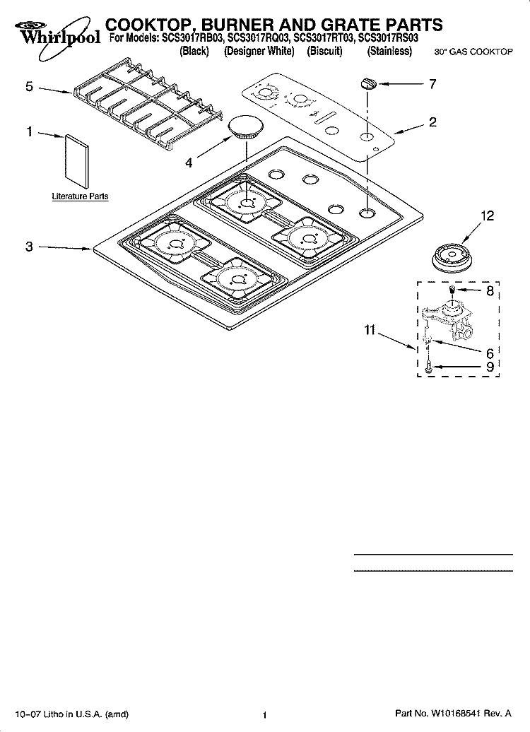 COOKTOP, BURNER AND GRATE PARTS Diagram and Parts List for SCS3017RS03  Whirlpool Cooktop