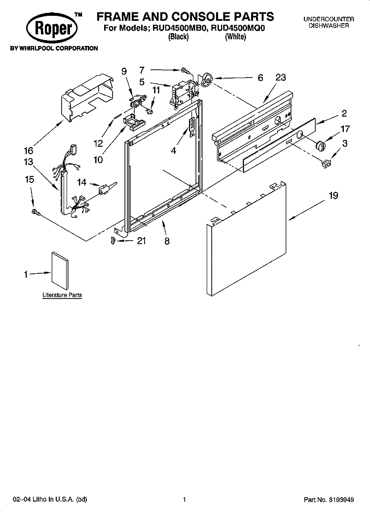 FRAME AND CONSOLE PARTS Diagram and Parts List for RUD4500MB0  Roper Dishwasher