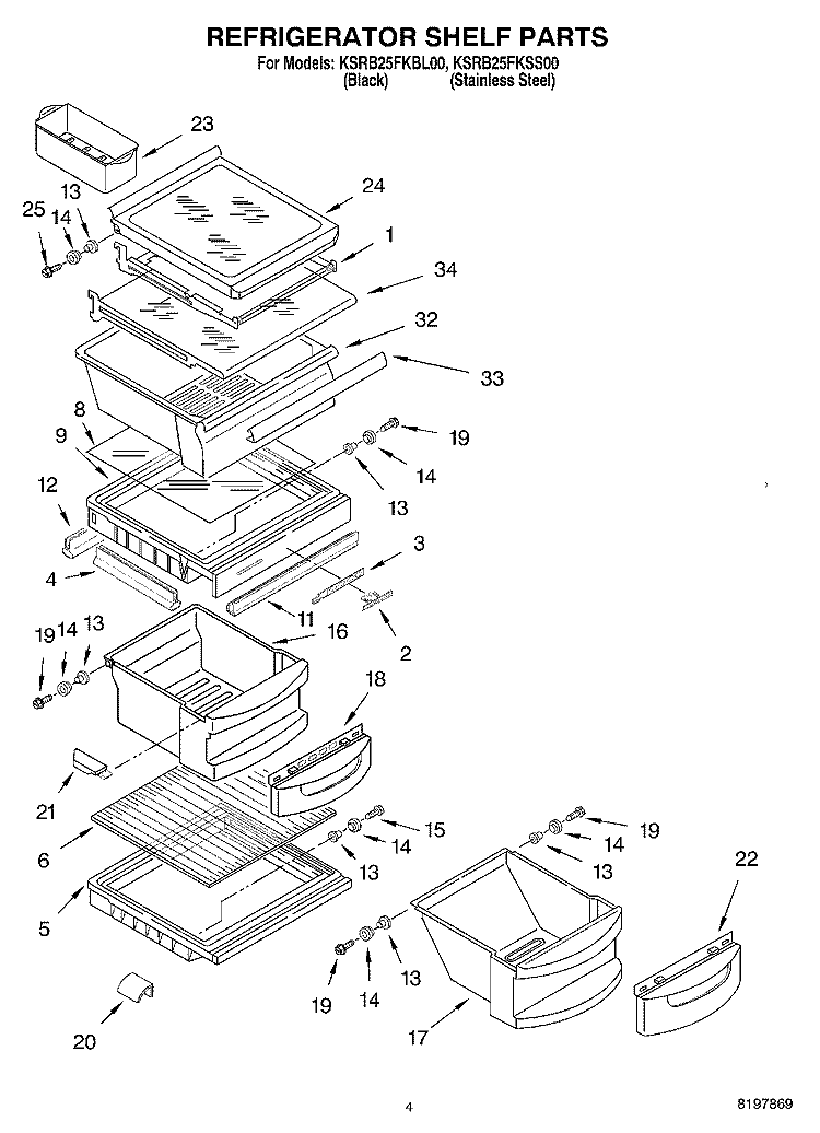 REFRIGERATOR SHELF Diagram and Parts List for KSRB25FKSS00  KitchenAid Refrigerator