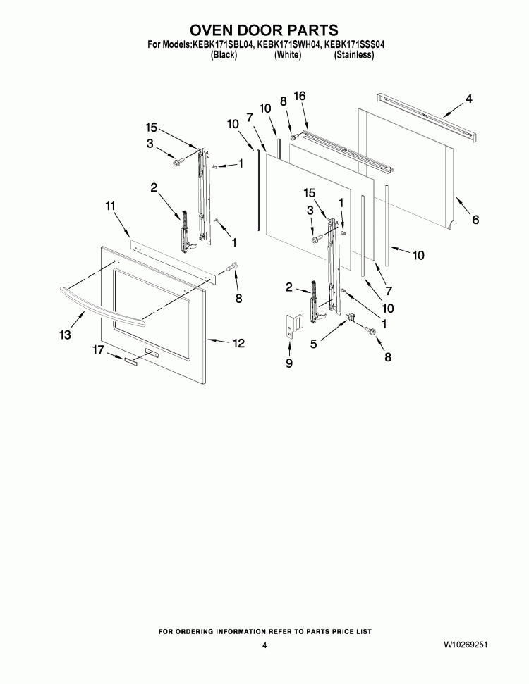 OVEN DOOR PARTS Diagram and Parts List for KEBK171SWH04  KitchenAid Wall Oven