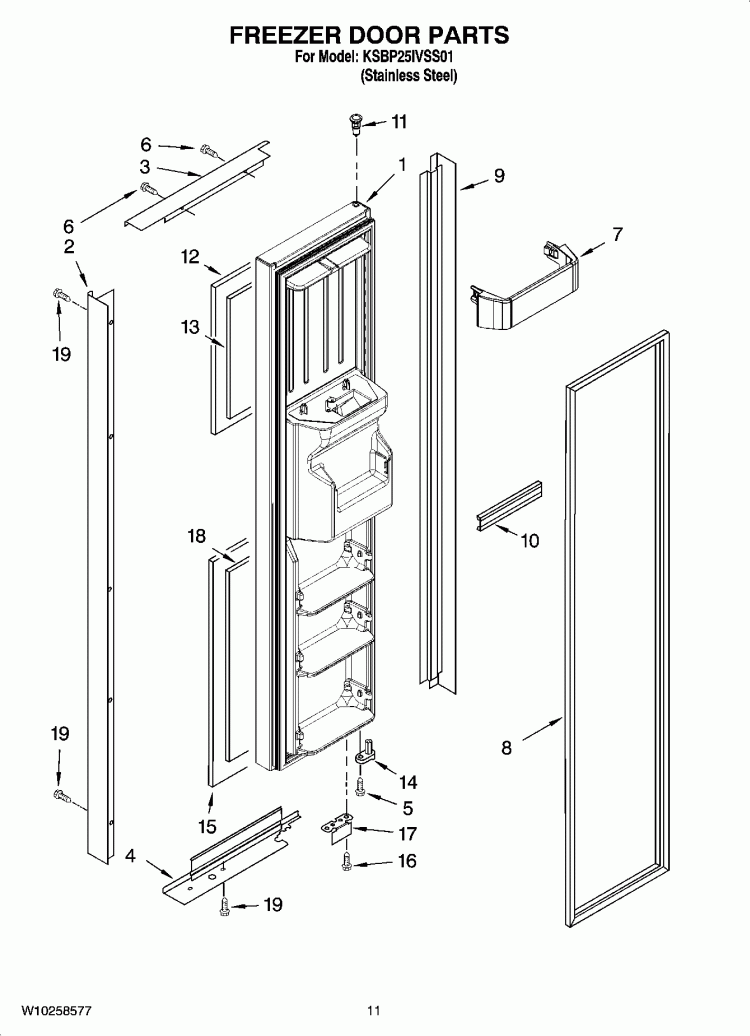 FREEZER DOOR PARTS Diagram and Parts List for KSBP25IVSS01  KitchenAid Refrigerator
