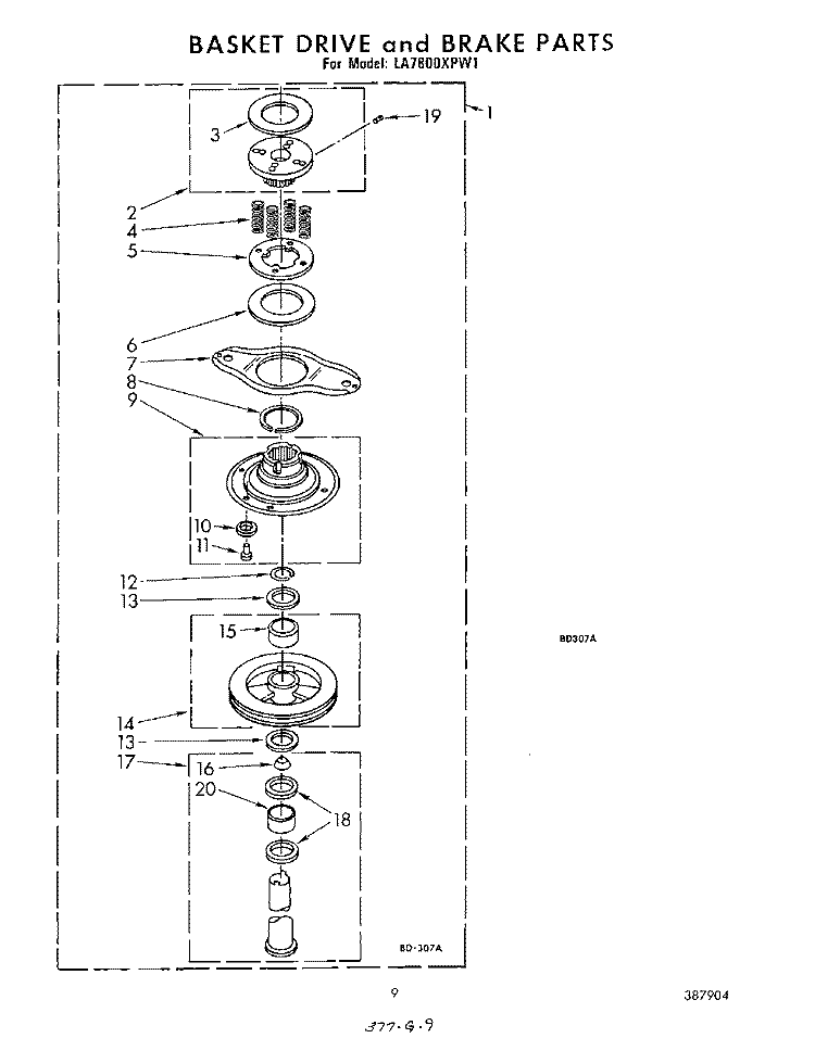 BASKET DRIVE AND BRAKE Diagram and Parts List for LA7800XPW1  Whirlpool Washer