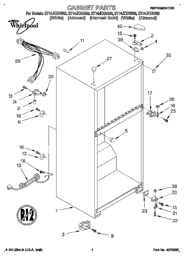 CABINET Diagram and Parts List for ET14JKXAG02  Whirlpool Refrigerator
