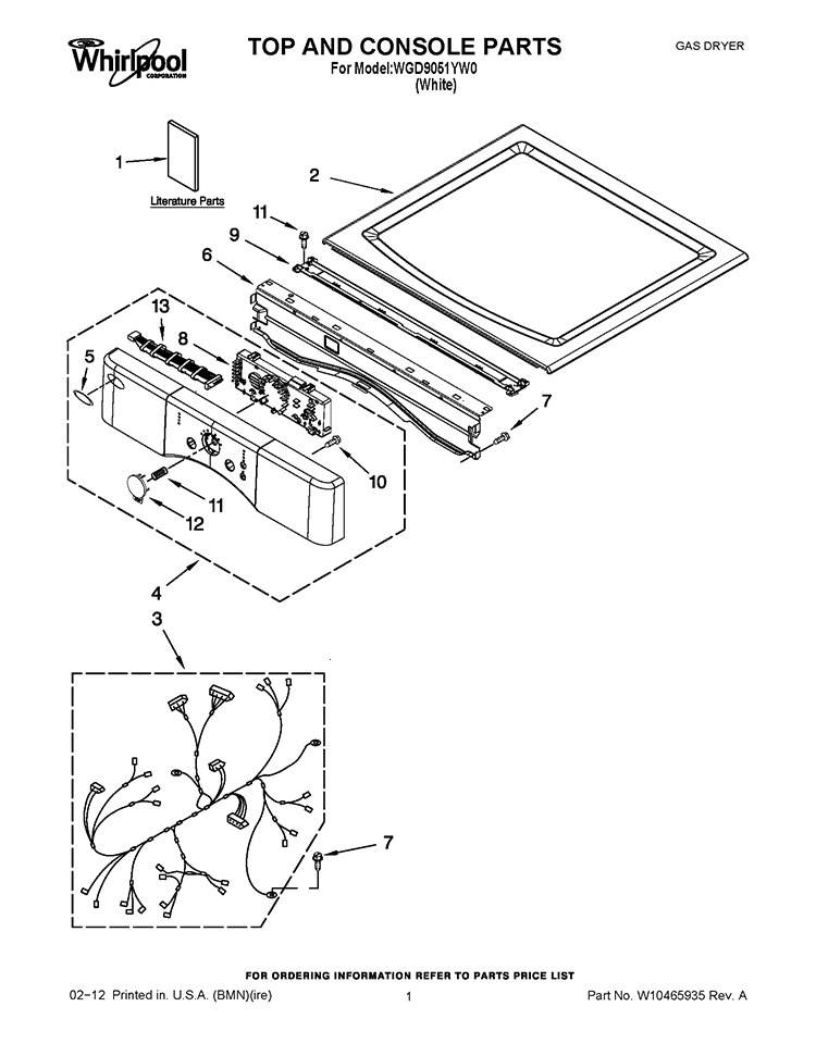 TOP AND CONSOLE PARTS Diagram and Parts List for WGD9051YW0  Whirlpool Dryer