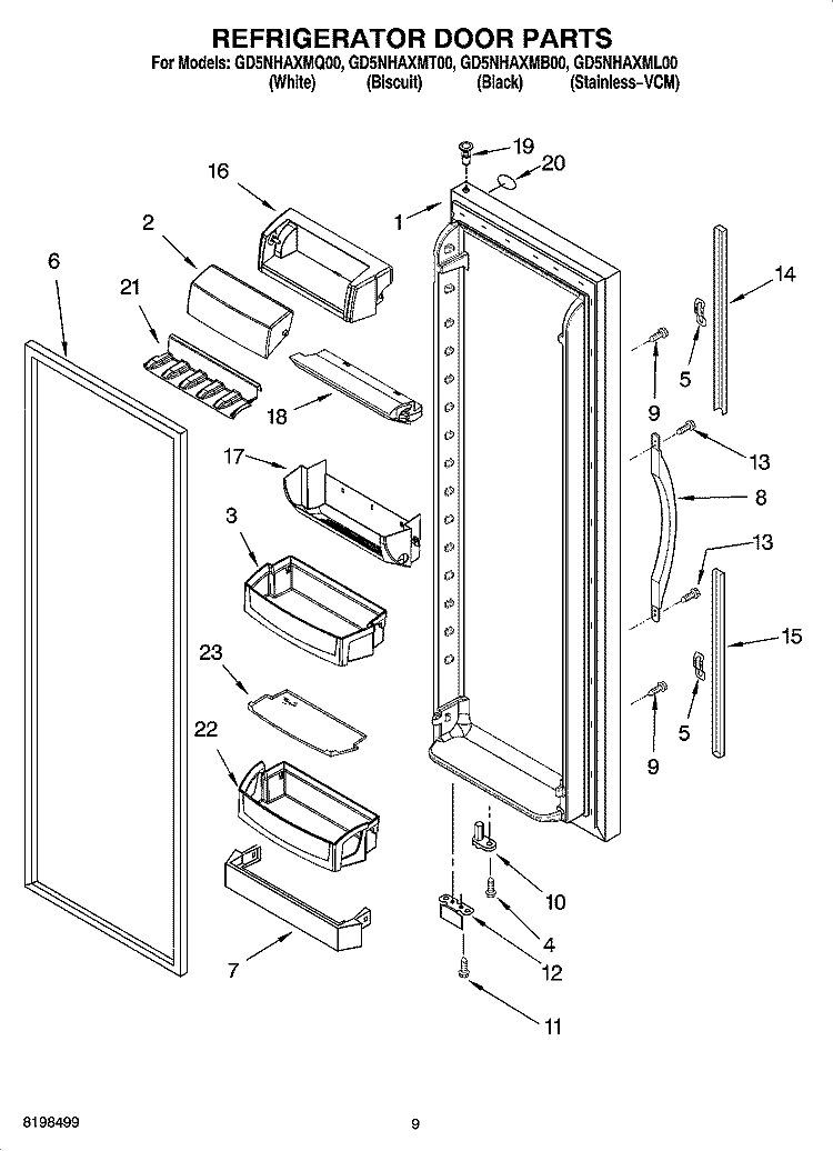 REFRIGERATOR DOOR PARTS Diagram and Parts List for GD5NHAXMQ00  Whirlpool Refrigerator