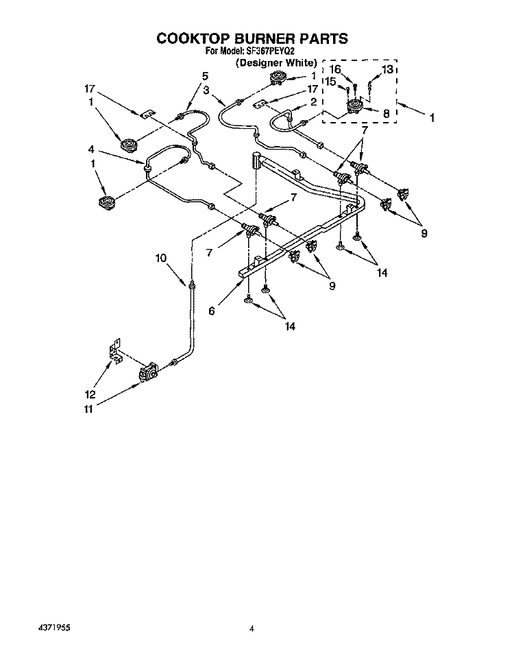 COOKTOP BURNER Diagram and Parts List for SF367PEYQ2  Whirlpool Range