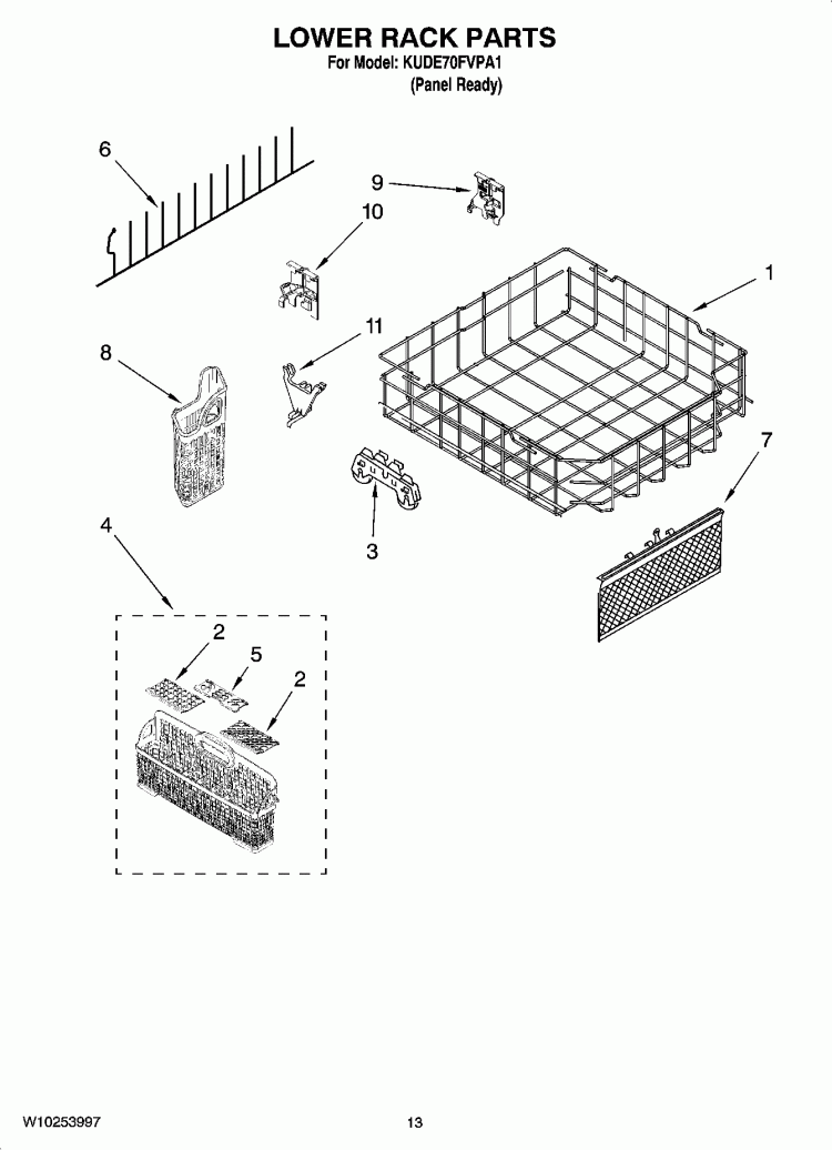 LOWER RACK PARTS Diagram and Parts List for KUDE70FVPA1  KitchenAid Dishwasher