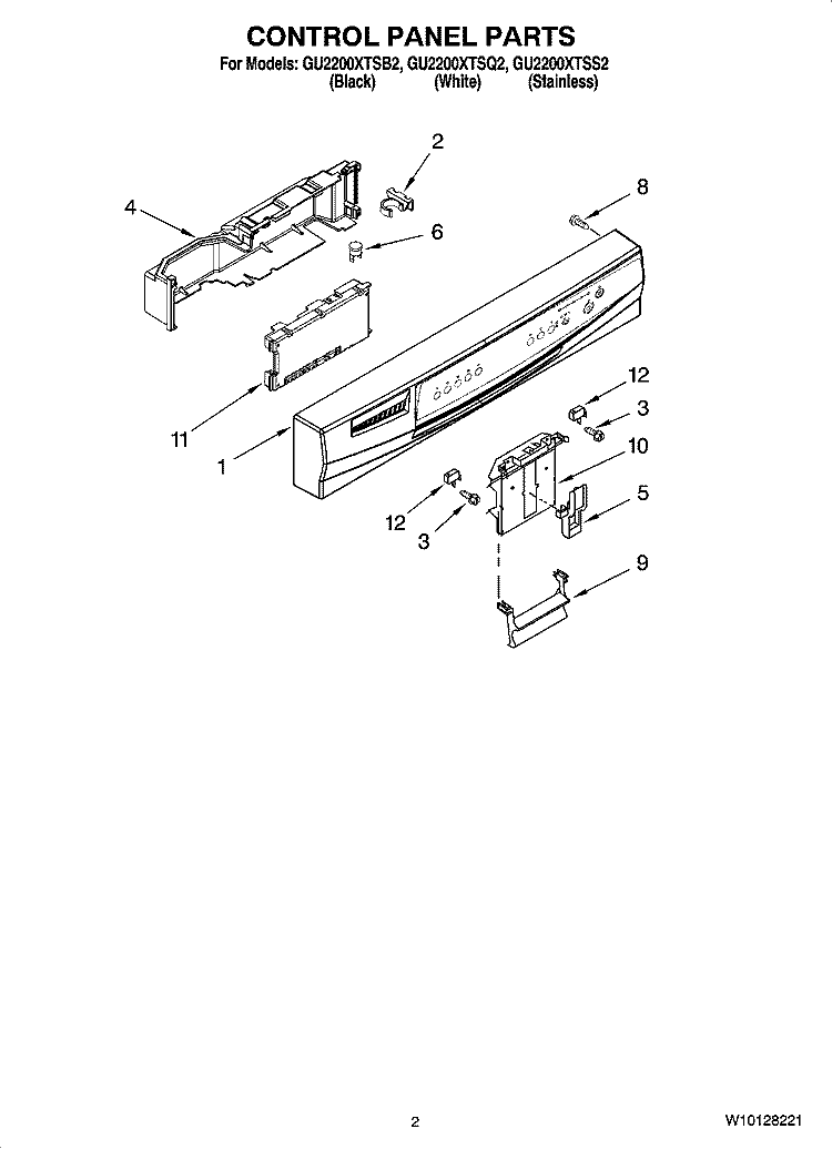 CONTROL PANEL PARTS Diagram and Parts List for GU2200XTSQ2  Whirlpool Dishwasher